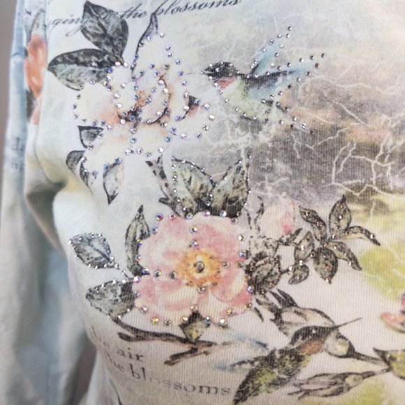 CACTUS Womens Size Medium Shirt Tee Blue Hummingbird Floral 3/4 Sleeve Y2K Top - Picture 4 of 10